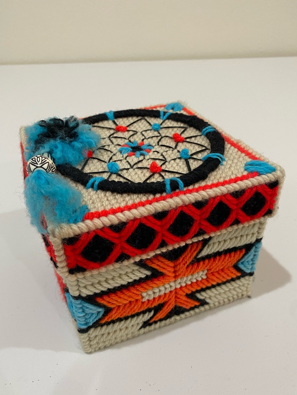 Vintage Southwestern Dream Catcher Finished Plastic Canvas Square Box Cover